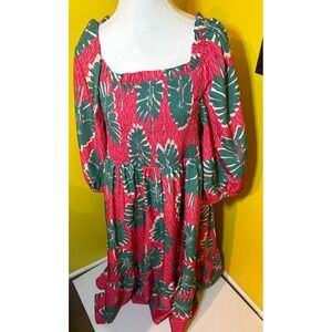 Buxom Curvy 3X Plus Dress NWT Pink Green Tropical Palm Smocked Puff Sleeve